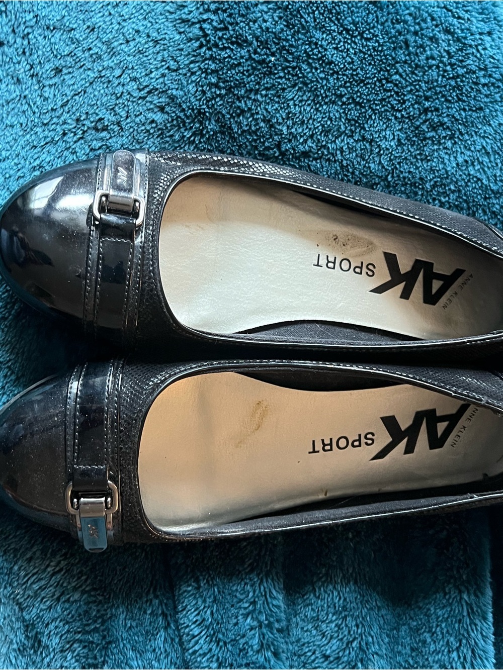 Anne Klein Black Patent and Textured Leather Slip-On Loafers